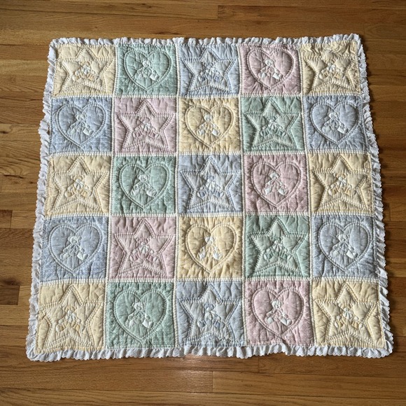 Handmade Other - Handmade Teddy Bear Baby Quilt Pastel Crib Blanket Nursery 56x37 Vtg Cottagecore